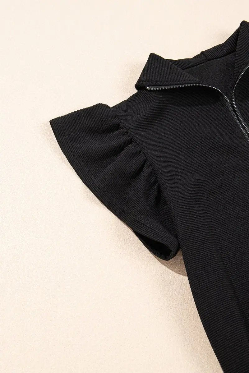 Black Textured Ruffled Sleeve Zipped Top and Wide Leg Pants Set - Love Salve